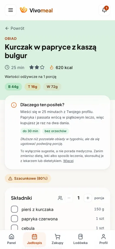 Karta obiadu: kurczak w papryce z kaszą bulgur, 25 minut, 620 kcal, makroskładniki i sekcja „Dlaczego ten posiłek?” z wyjaśnieniem.