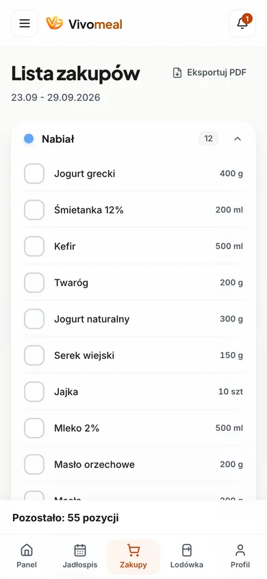 Lista zakupów na telefonie: dział Nabiał z ilościami, eksport do PDF i licznik pozostałych 55 pozycji.